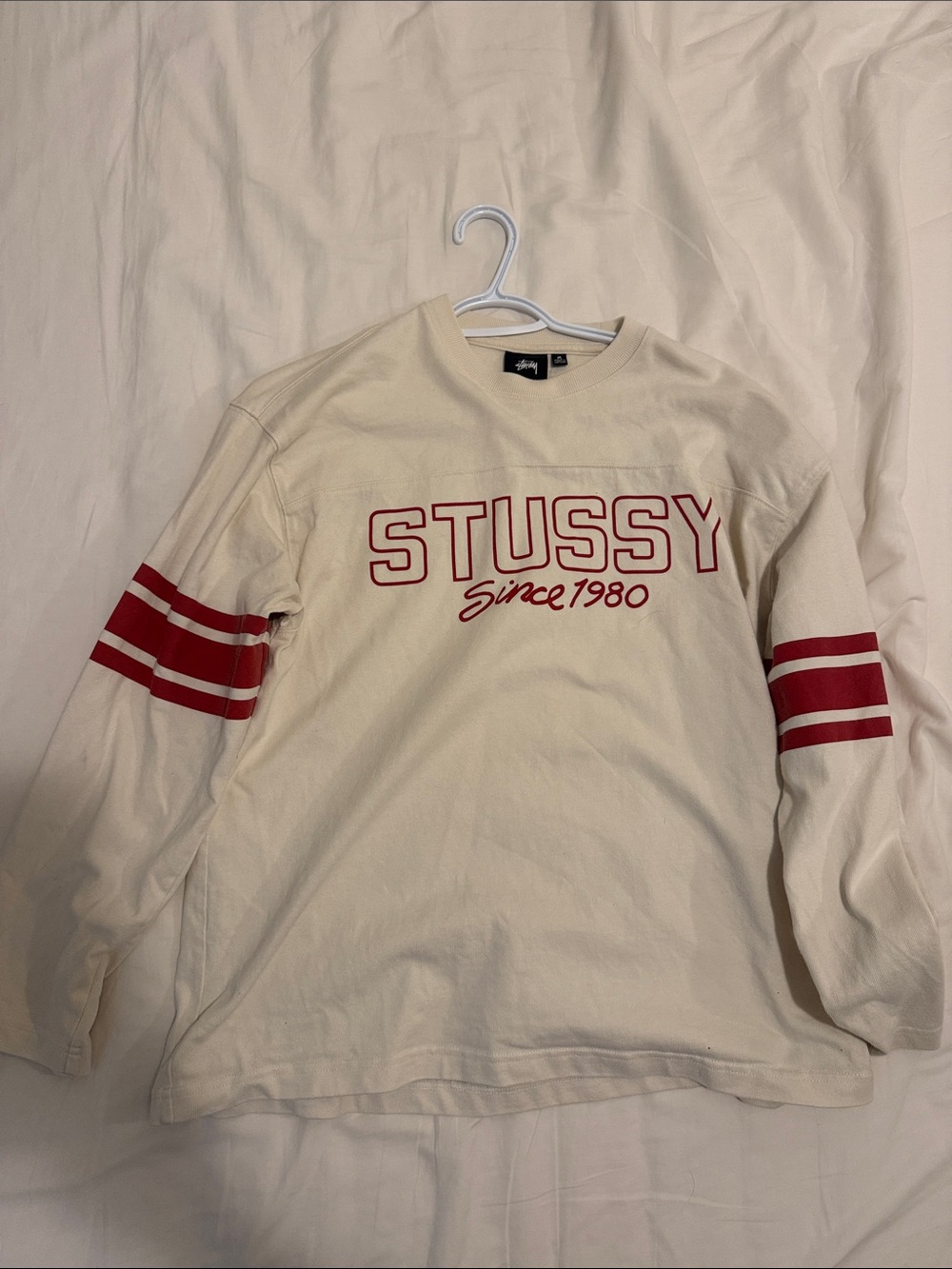 Stussy Cream Long Sleeve Tee with Red Logo & Sleeve Stripes